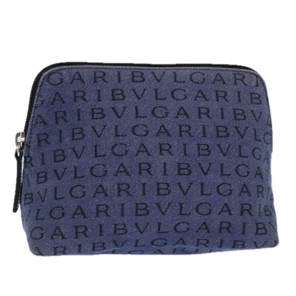 BVLGARI Pouch Canvas Blue Silver Auth